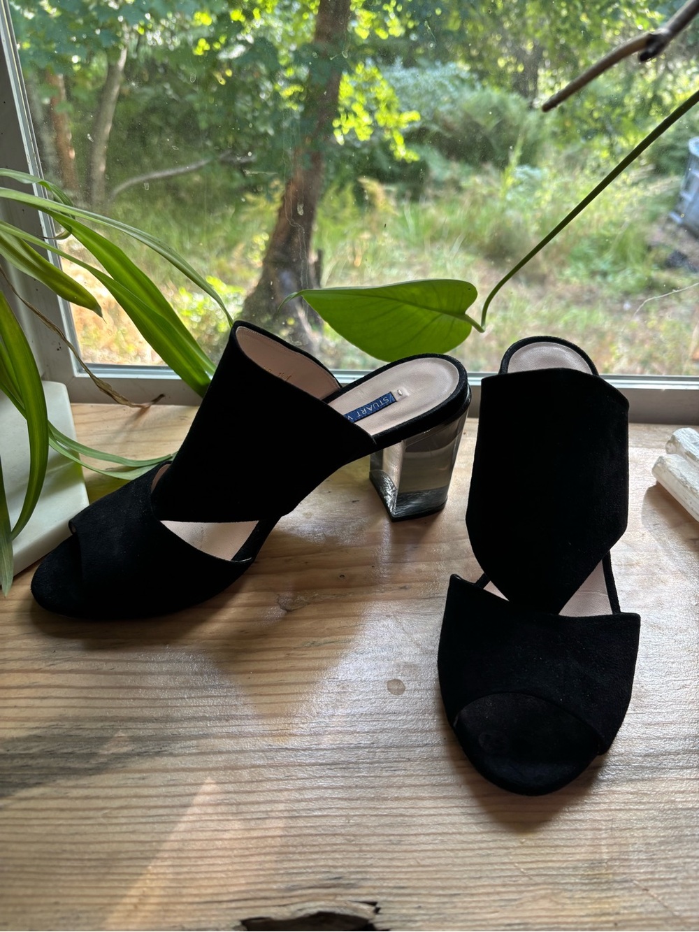 Stuart Weitzman Black Suede Open-Toe Mule Heels